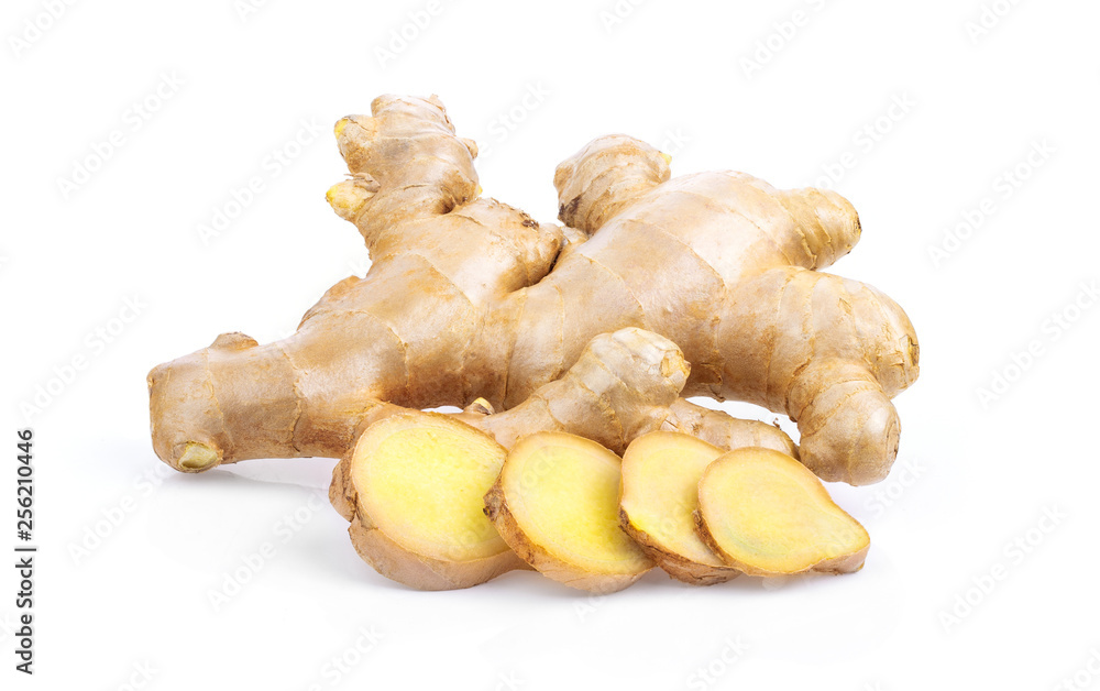 fresh Ginger root and slice isolated on white background . full depth of field