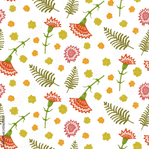 Seamless floral pattern on light background. Carnations and ferns