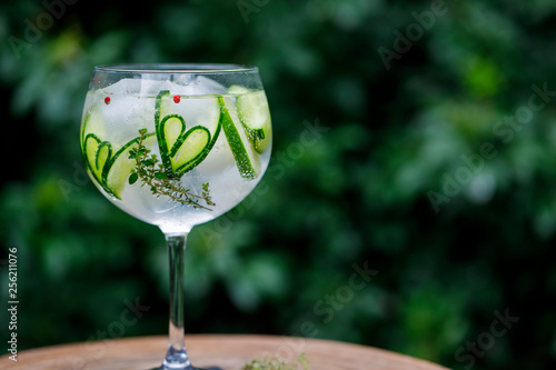 Gin and tonic with cucumber hearts and thyme