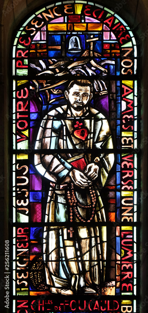Blessed Charles de Foucauld, stained glass window in Basilica of the Sacre Coeur, dedicated to the Sacred Heart of Jesus in Paris, France Blessed Charles de Foucauld, stained glass window in Basilica of the Sacre Coeur, dedicated to the Sacred Heart of Jesus in Paris, France