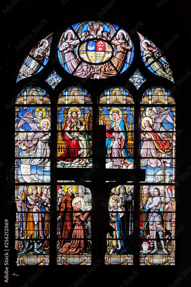 Stained glass window in Saint Eustache church in Paris, France 