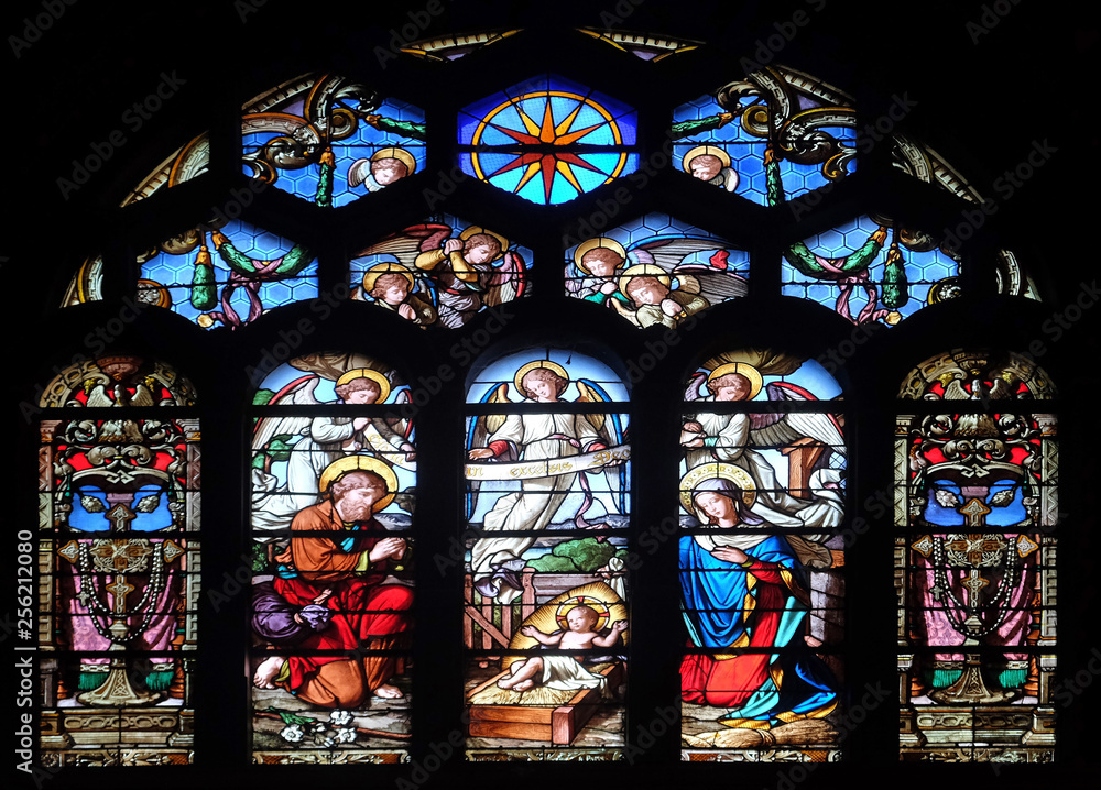 Nativity Scene, stained glass window in Saint-Eustache church in Paris, France 