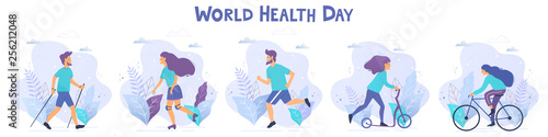 World health day vector illustration. Healthy lifestyle concept. Different physical activities.