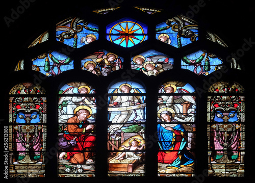 Nativity Scene, stained glass window in Saint-Eustache church in Paris, France 