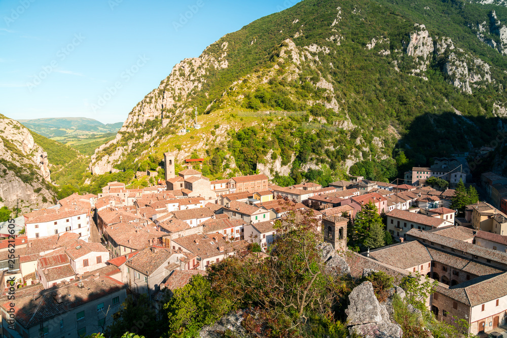 aerial view of a rural town in the mountains. pioraco, marche, italy