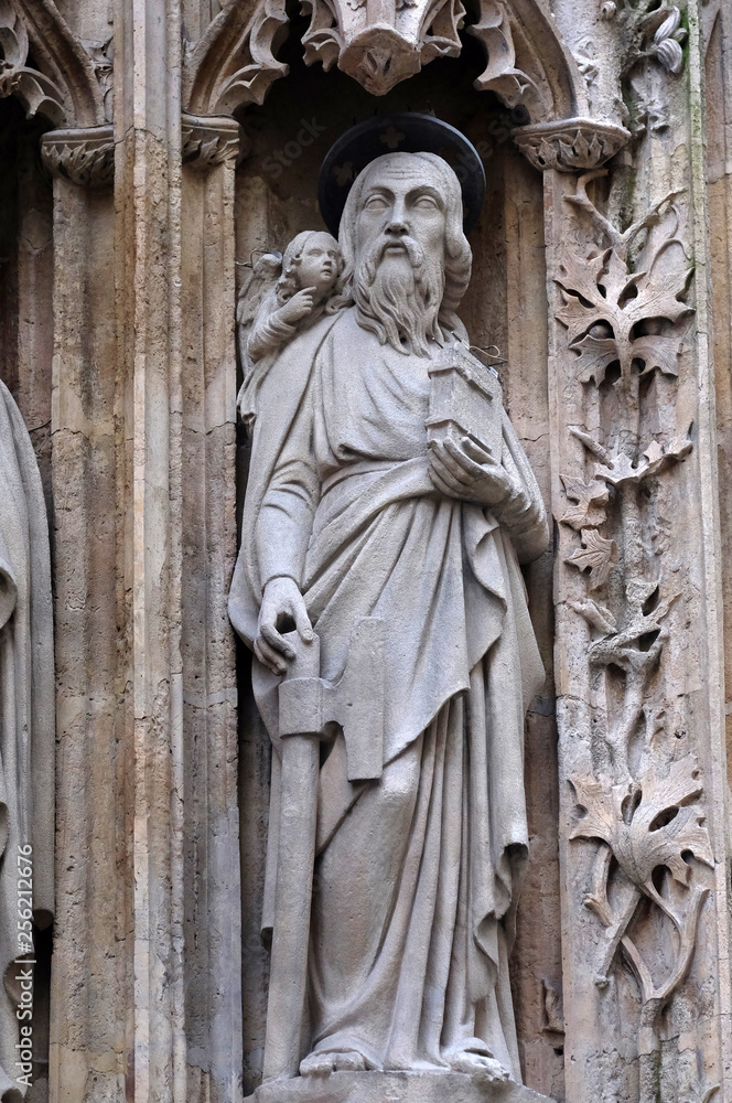 Saint Matthew the Apostle, statue on the portal of the Saint Merri Church, Paris, France