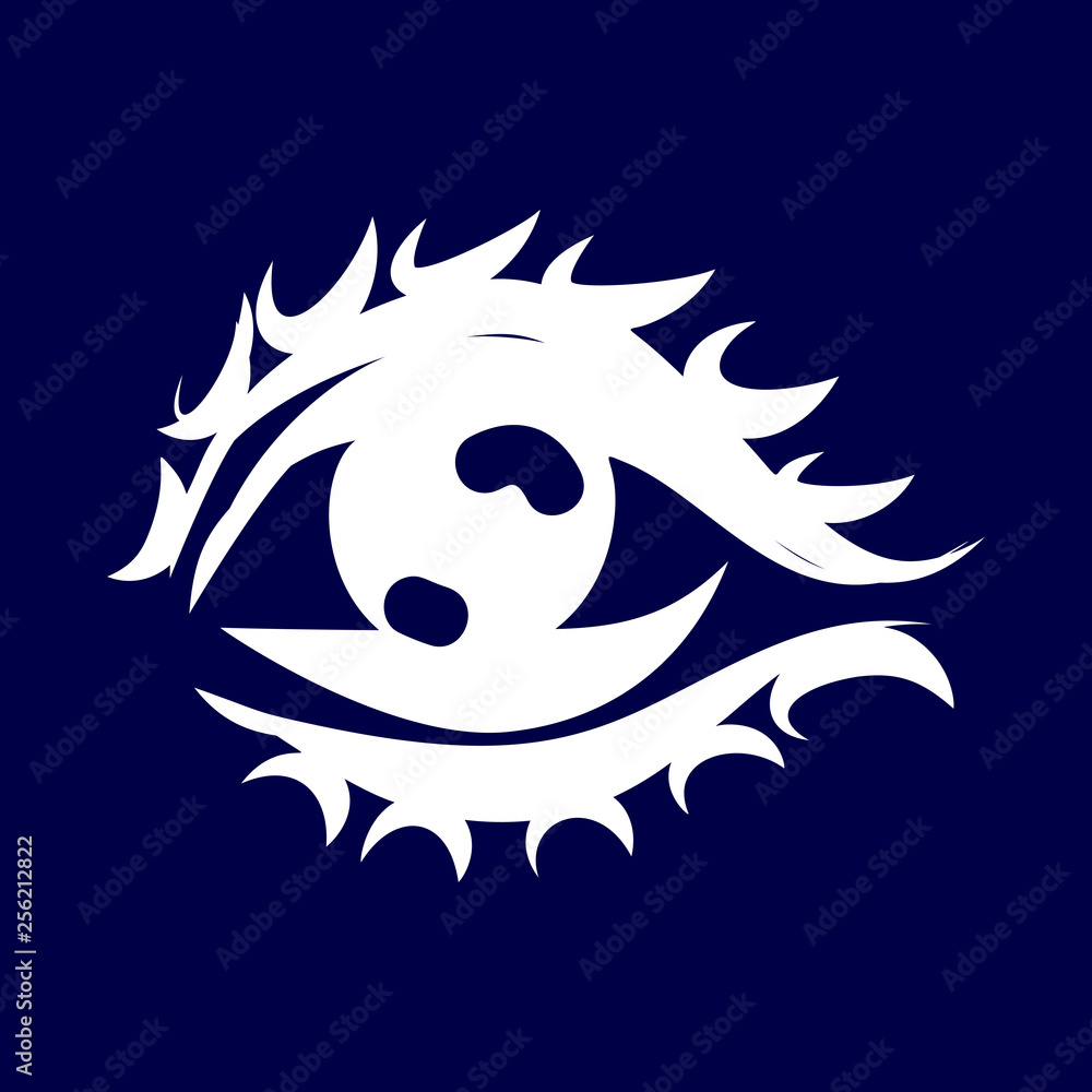 Illustration of Abstract Human Eye Icon. Isolated on Dark-blue Background. Sketch for Tattoo, Vintage style posters. Coloring Book for Adults