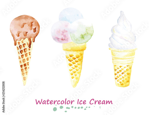 Watercolor set of ice cream in the cone. Hand painted