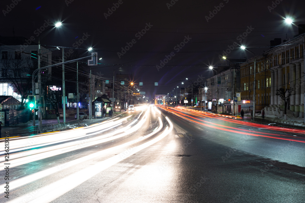 light trails from cars in the night city of Ryazan