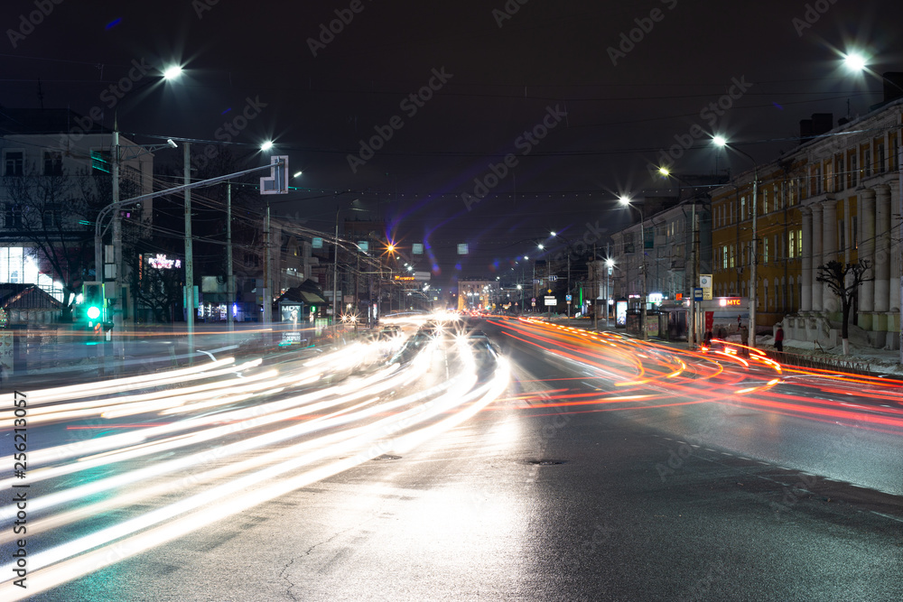 light trails from cars in the night city of Ryazan