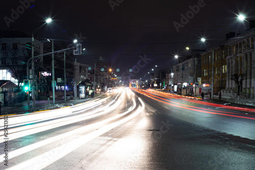 light trails from cars in the night city of Ryazan