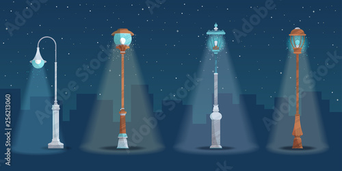 Vector set of street lights in a city at night.