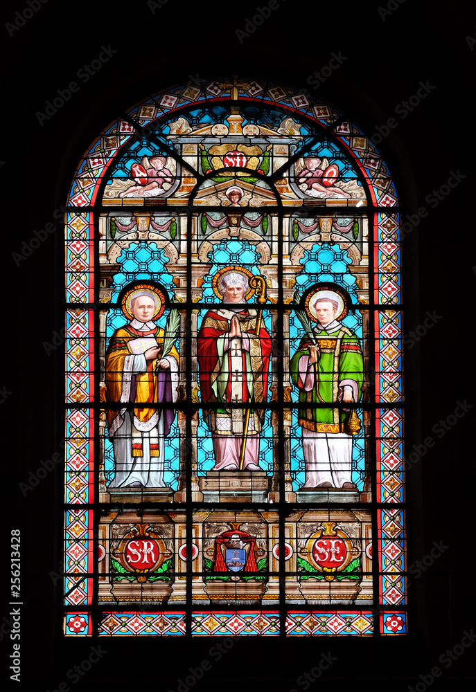 Saint Denis, stained glass windows in the Saint Roch Church, Paris, France 