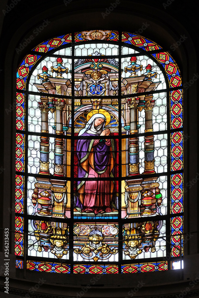 Virgin Mary, stained glass windows in the Saint Roch Church, Paris, France 