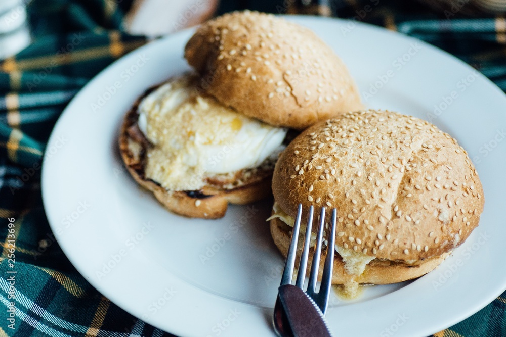 Burger with sesame bun with melted cheese inside and vegetables Burger with sesame bun with melted cheese inside and vegetables