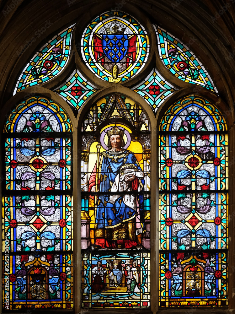 Saint Louis with the Crown of Thorns, stained glass window from Saint Germain-l'Auxerrois church in Paris, France 