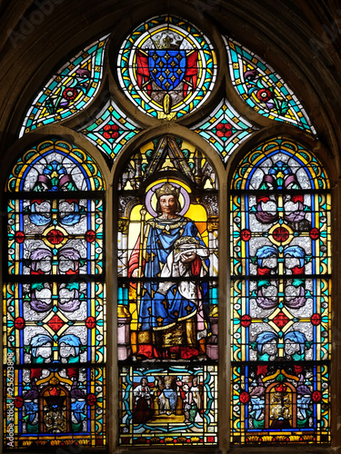 Saint Louis with the Crown of Thorns  stained glass window from Saint Germain-l Auxerrois church in Paris  France 