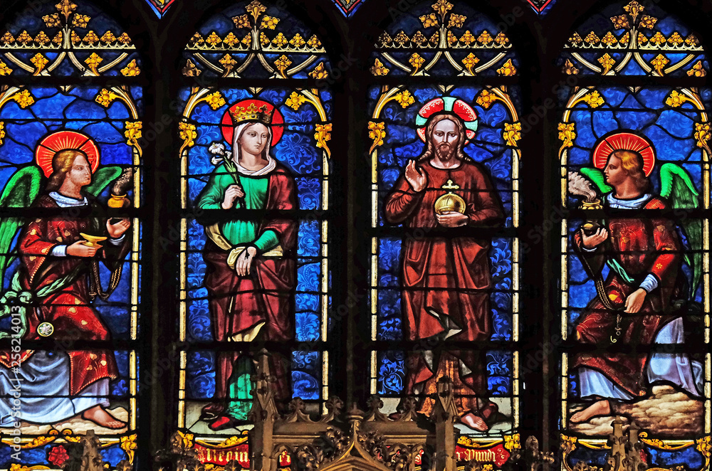 Virgin Mary and Jesus with angels, stained glass window from Saint Germain-l'Auxerrois church in Paris, France