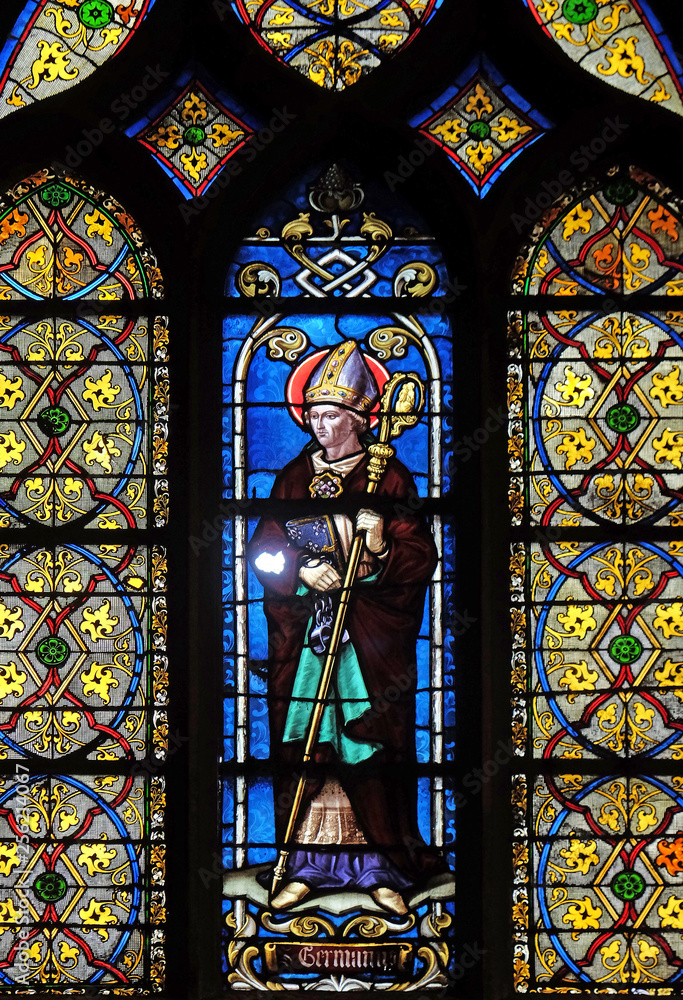 Saint Germanus of Auxerre, stained glass window from Saint Germain-l'Auxerrois church in Paris, France