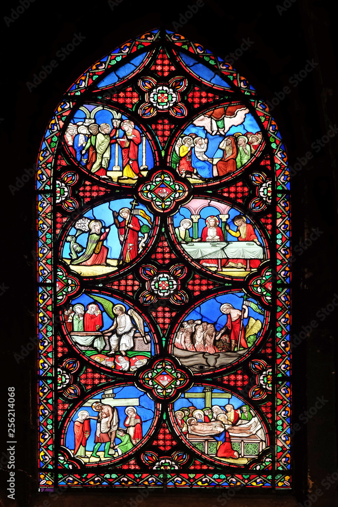 Scenes from Jesus' life, stained glass window from Saint Germain-l'Auxerrois church in Paris, France 