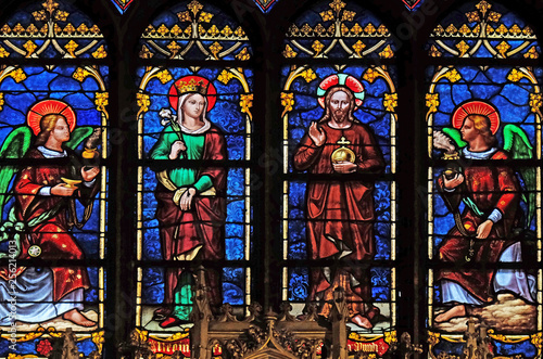 Virgin Mary and Jesus with angels  stained glass window from Saint Germain-l Auxerrois church in Paris  France