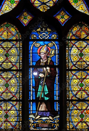 Saint Germanus of Auxerre, stained glass window from Saint Germain-l'Auxerrois church in Paris, France