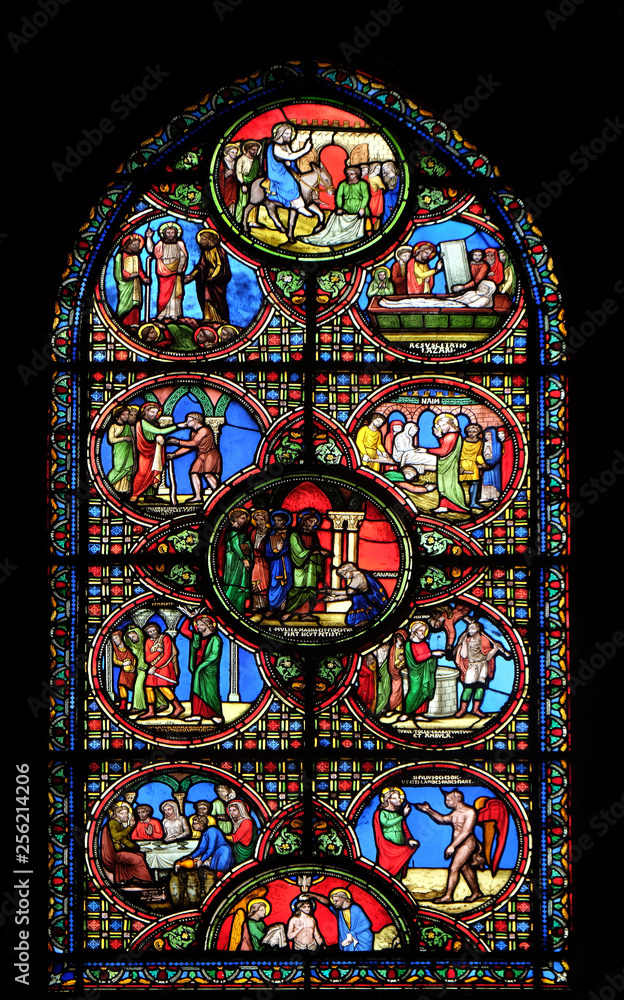 Scenes from Jesus' life, stained glass window from Saint Germain-l'Auxerrois church in Paris, France