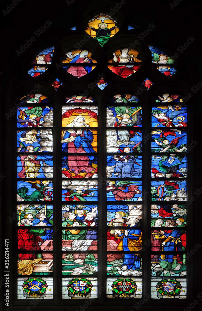 Assumption of Virgin Mary, stained glass window from Saint Germain-l'Auxerrois church in Paris, France 