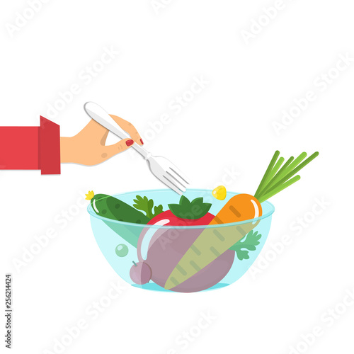 Vegetables in a glass bowl and womans hand with a fork. Healthy eating concept. Vector illustration.