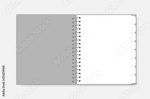 Open spiral notebook with tab divider pages, mockup. White blank wire bound diary, template