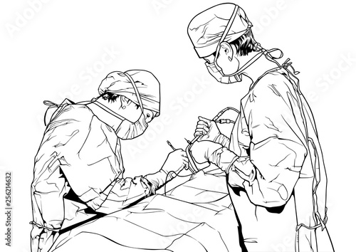 Team Doctors in the Operating Room - Black and White Illustration with Medical Theme, Vector Graphic