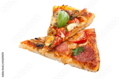 Two slices  vegetables pizza and salami  ham and mushrooms pizza isolated on white background
