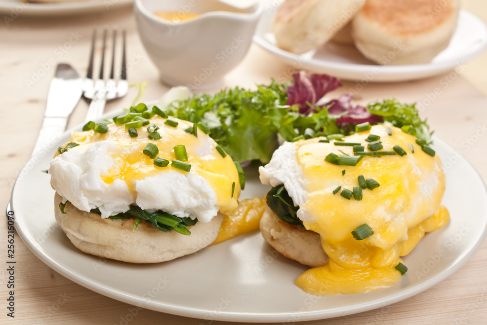 Eggs Florentine- toasted English muffins, spinach, poached eggs and  hollandaise sauce