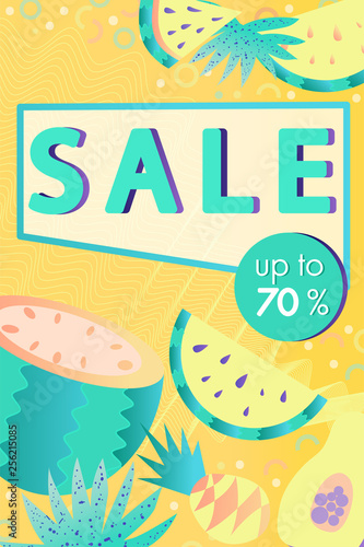 SUMMER SALE banner tropical design. Creative lettering and colorful fruits for seasonal sales. Vector illustration.