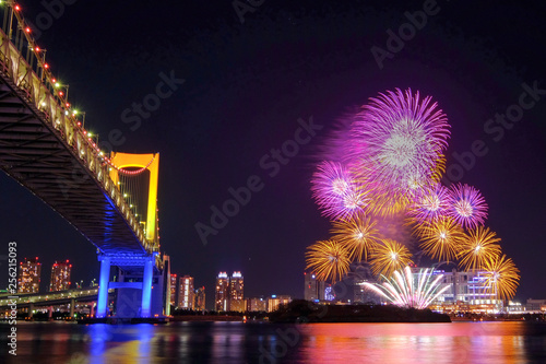 fireworks over city and bridge © grassfielder
