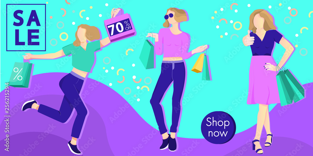 SALE banner design. Shopping girls with sale fashion bags. Vector illustration.