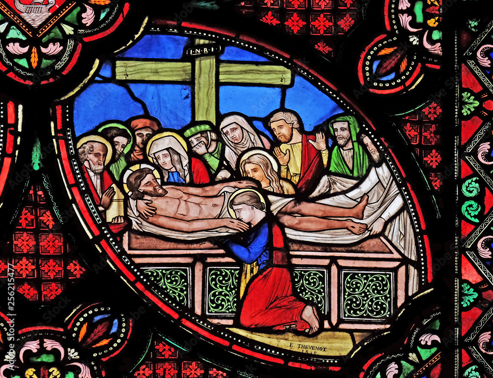 Fototapeta premium Entombment of Christ, stained glass window from Saint Germain-l'Auxerrois church in Paris, France 