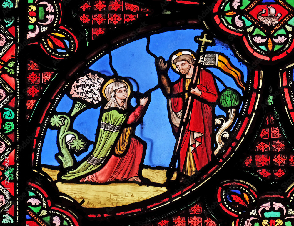 Scenes from the life of Jesus, stained glass window from Saint Germain l'Auxerrois church in Paris, France 