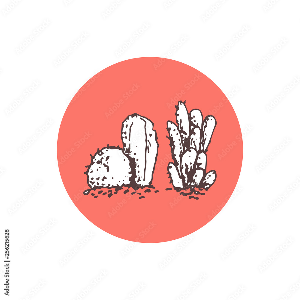 Obraz premium vector hand drawn sketchy set of stylized childlike cacti in a coral circle