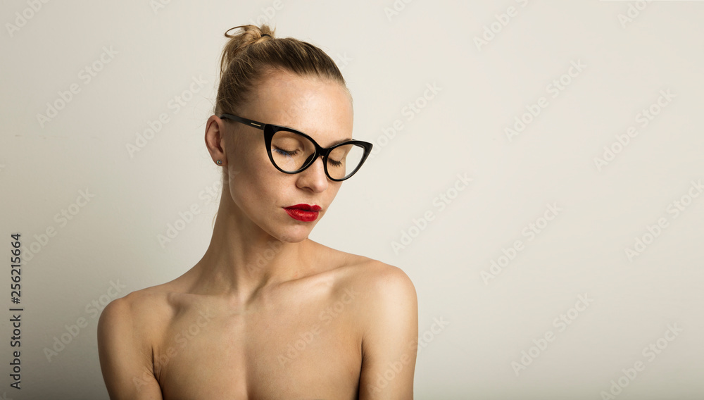 Portrait Handsome Pretty Young Lady Long Hair Empty White Background.Beauty  Loveliness Fashion People Photo.Sexy Woman Wearing Black Classic Glasses  Dreaming Closed Eyes.Studio Shot.Horizontal Image Stock Photo