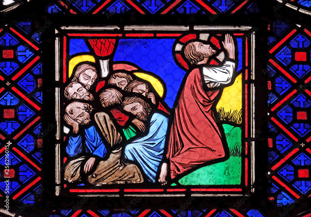 Jesus and his disciples on Mount of Olives, stained glass window from Saint Germain-l'Auxerrois church in Paris, France