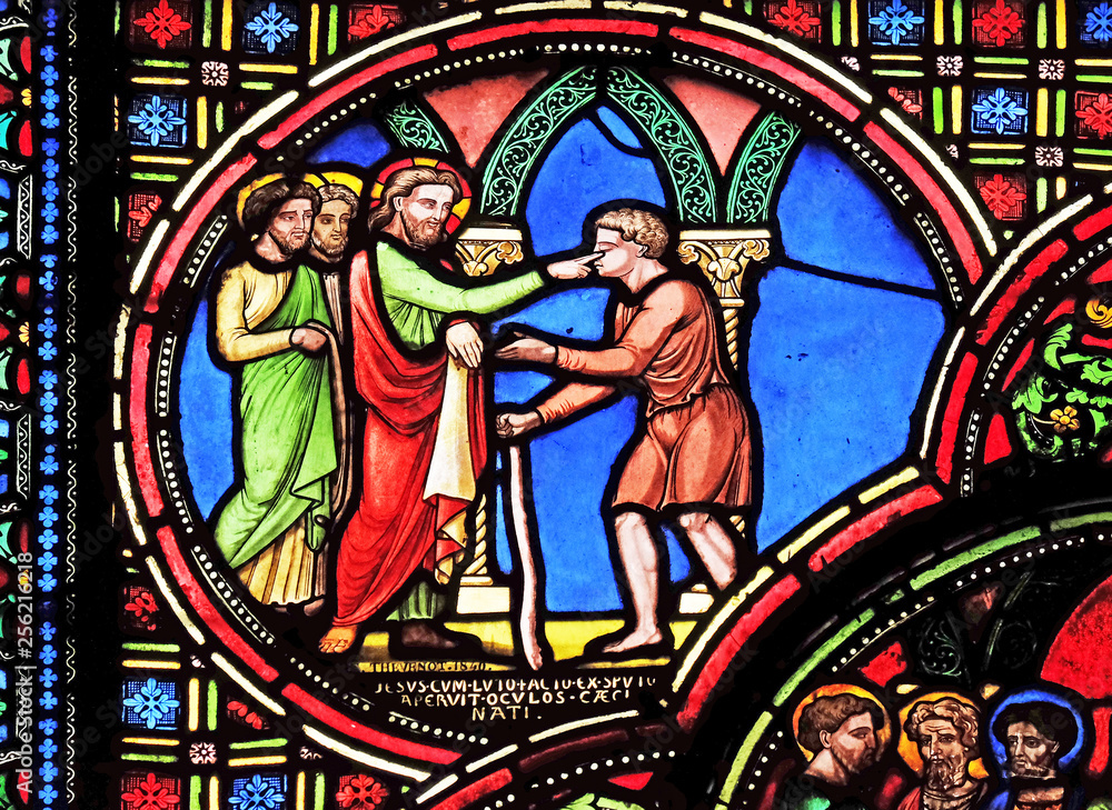 Jesus heals a blind man, stained glass window from Saint Germain-l'Auxerrois church in Paris, France