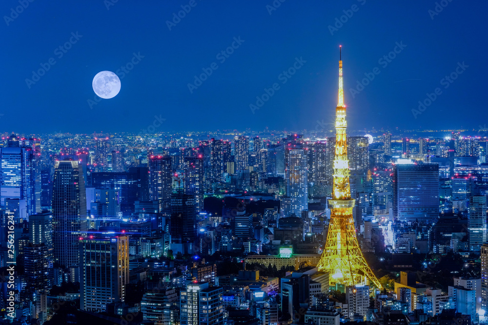 Fototapeta premium Tokyo tower with full moon