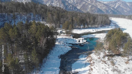 Aerial view of winter blue lakes in Altai mountains