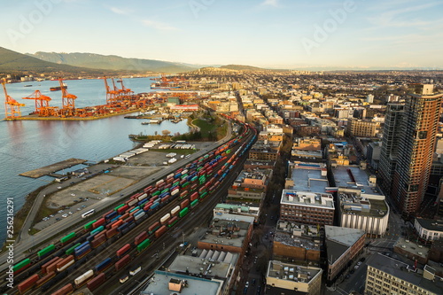 Aerial view of Vancouver’s port and city with mountains in the background, Vancouver, British Columbia, Canada