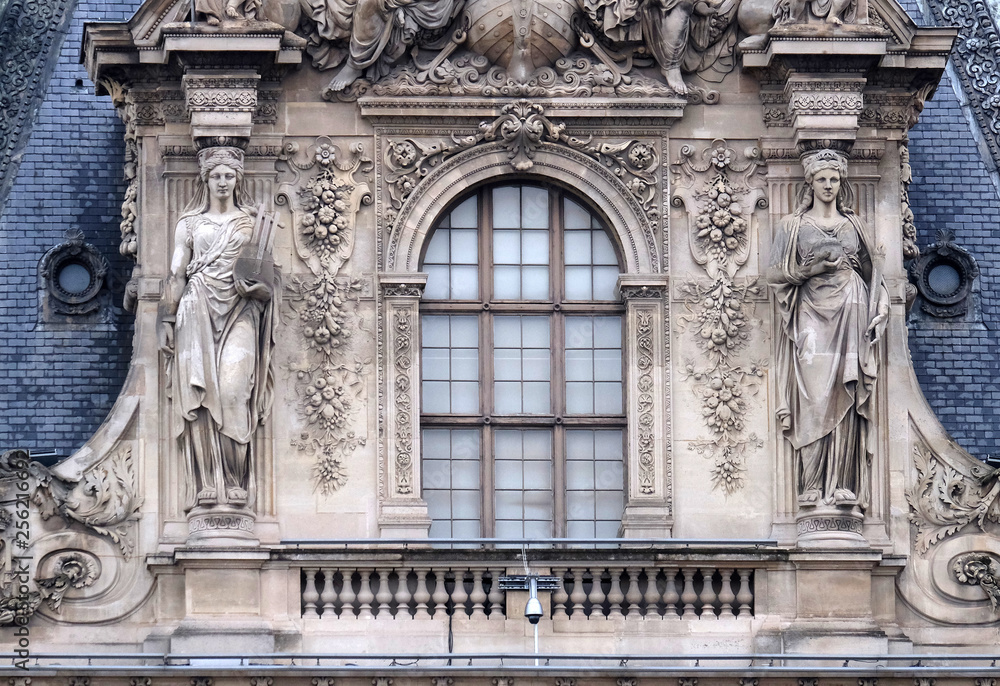 Architectural fragments of Louvre building. Louvre Museum is one of the largest and most visited museums worldwide and one of major landmark in Paris
