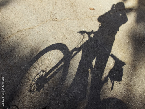shadow on asphalt from bike, wheels with spokes and cyclist