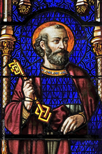 Saint Peter, stained glass window from Saint Germain-l'Auxerrois church in Paris, France 