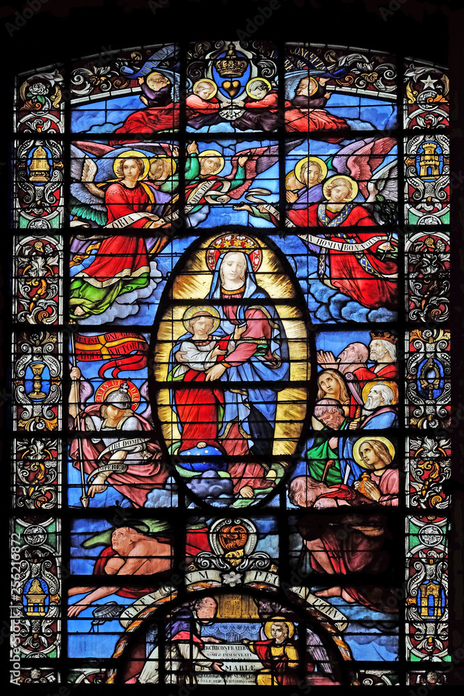 Our Lady Refuge of Sinners, stained glass window in the Basilica of Notre Dame des Victoires in Paris, France 