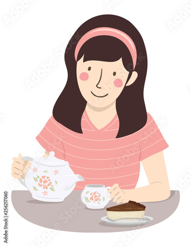 Girl Drink Tea Cake Illustr...